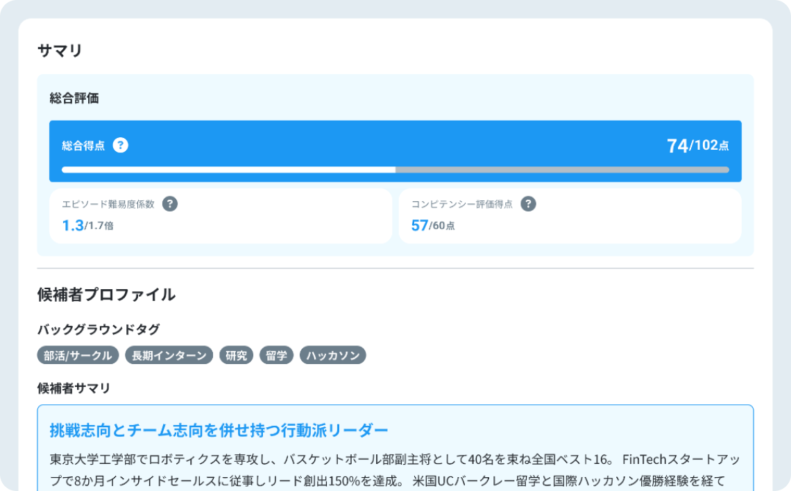 面接後の評価レポート画面。半構造化面接の結果を分かりやすく表示
